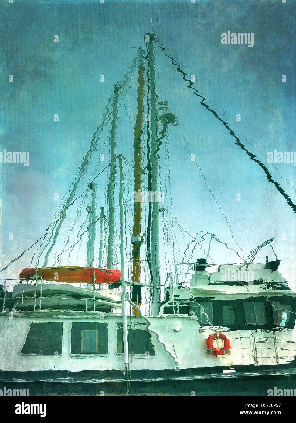 Impressionistic fine art treatment of sailboat reflection in harbor - Smartphone Captured Stock Image