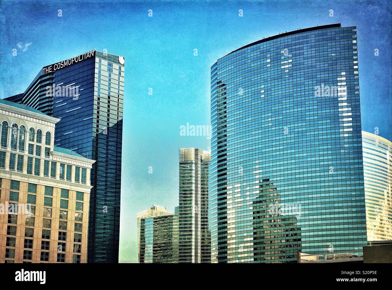 Skyline high rise buildings with reflections in Las Vegas as seen from the I15 Freeway - Smartphone Captured Stock Image
