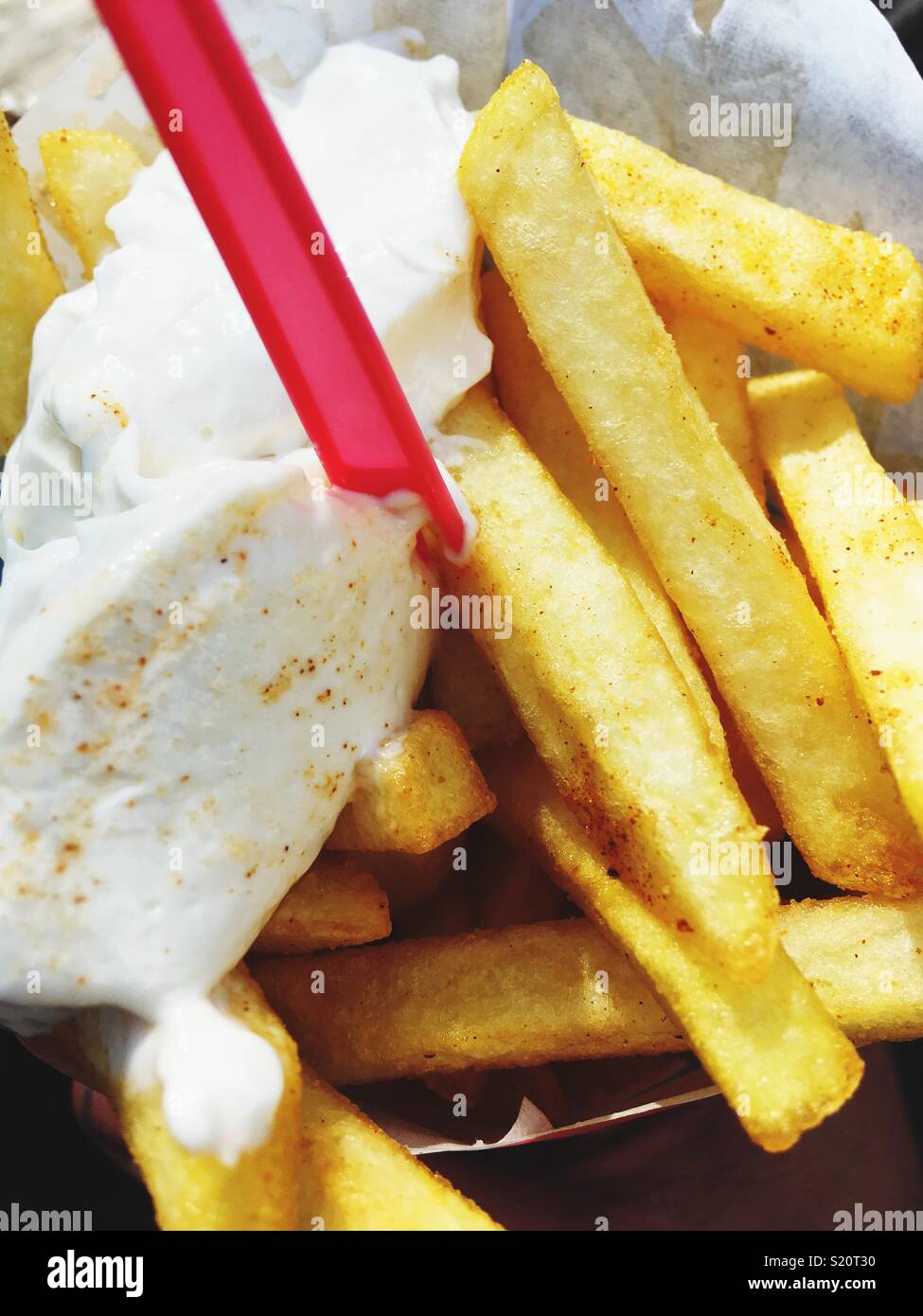 French fries with mayonnaise Stock Photo