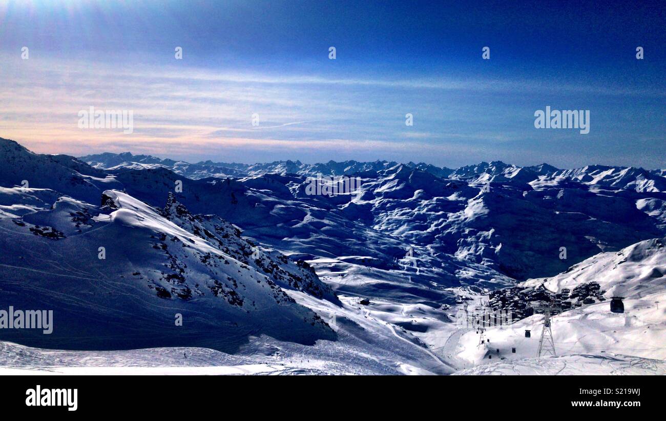 Mountain top views of Val Thorens, French Alps during ski season Stock Photo
