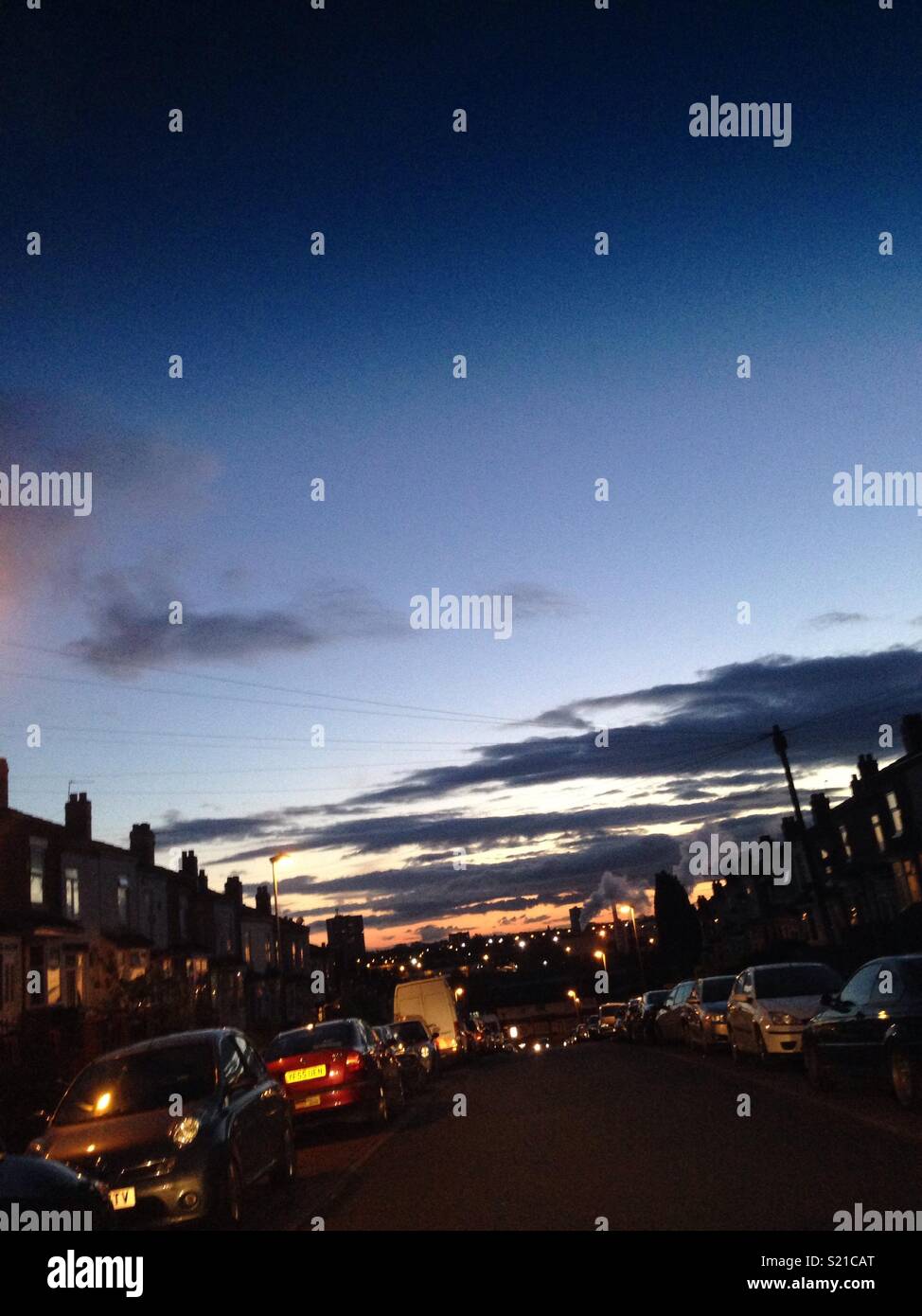 Sunset view with dark blue sky's up on hill in Birmingham UK. Stock Photo