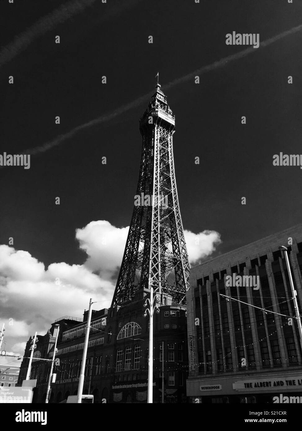 Blackpool tower in black and white taken from the promenade. Stock Photo