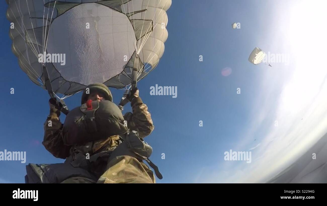 Airborne Parachute Jump Stock Photo