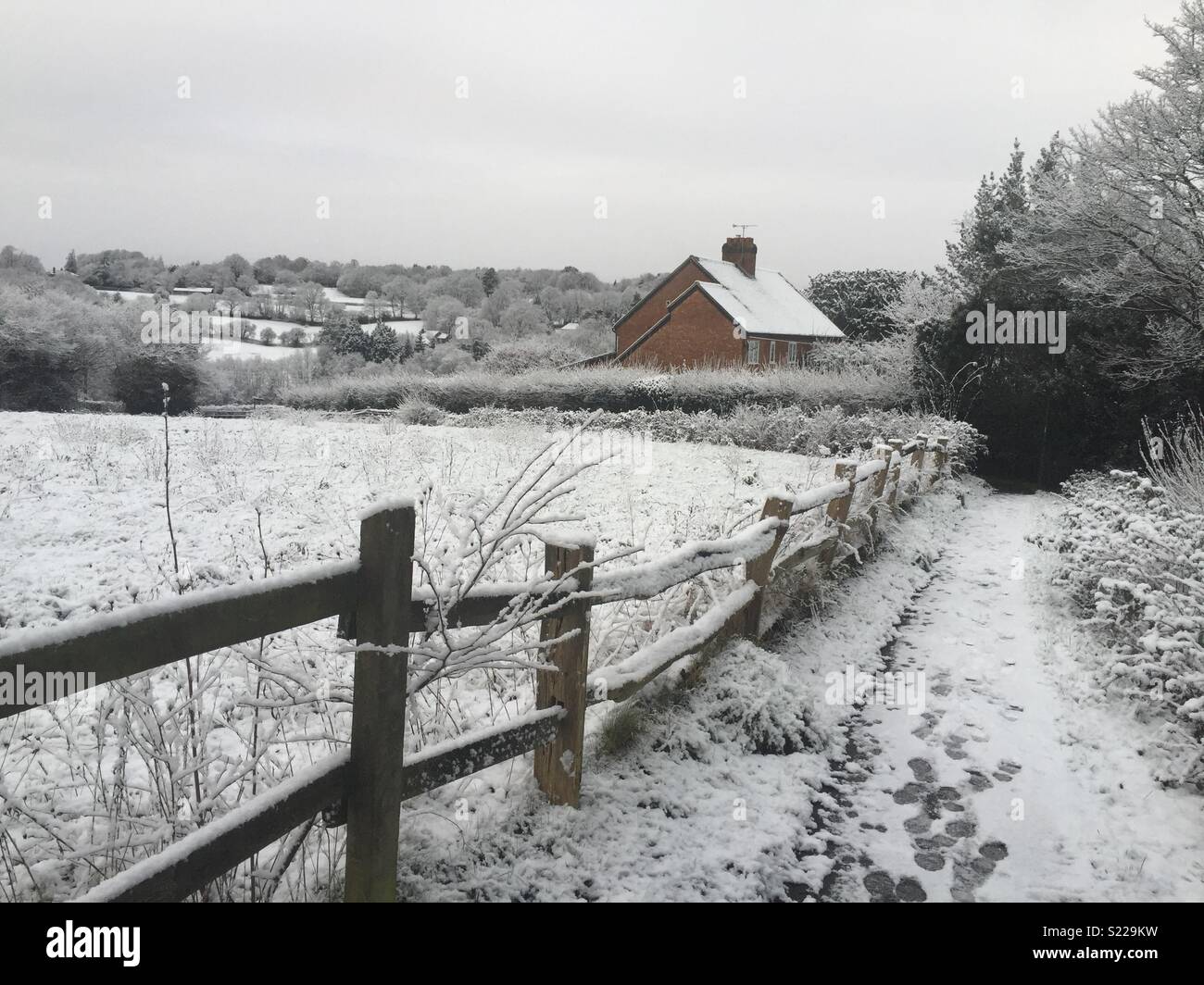 Snow shot looking over a field with a landscape including some trees and a house in rotherfield east Sussex . Fence and path Stock Photo