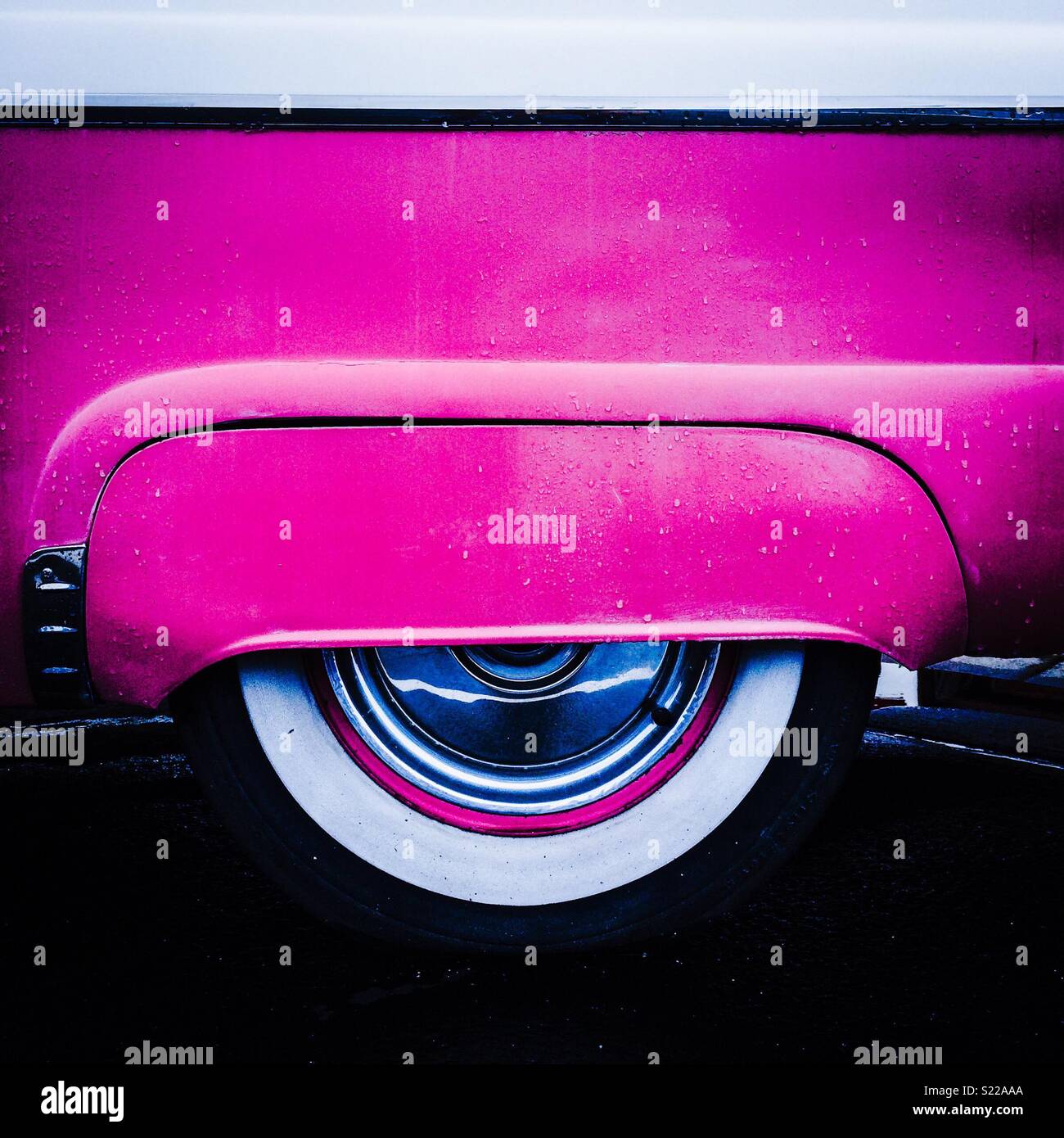 Detail of a pink and white classic American car along Route 66, Williams, Arizona, USA Stock Photo