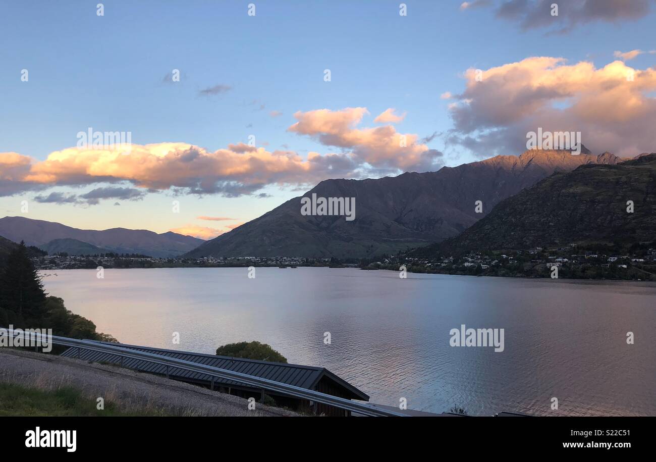 Evening sun Frankton Arm in Queenstown, New Zealand Stock Photo