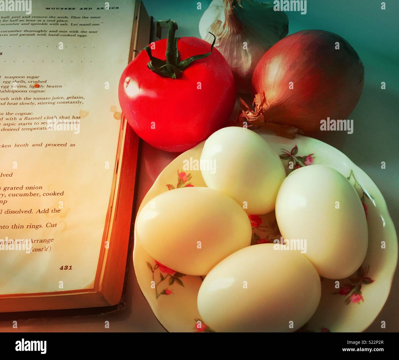 Cookbook and fresh ingredients on the chefs prep table - Smartphone Captured Stock Image