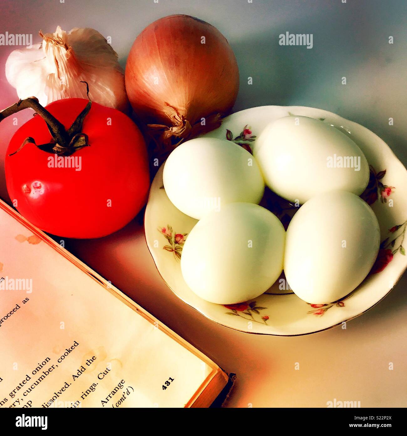 Cookbook and fresh ingredients on a chefs prep table. - Smartphone Captured Stock Image
