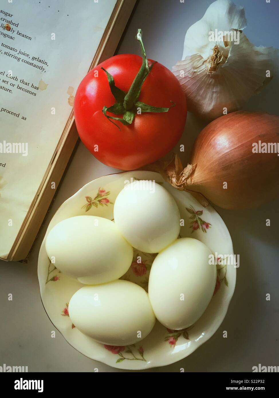 Cookbook in fresh ingredients on a chefs prep table - Smartphone Captured Stock Image