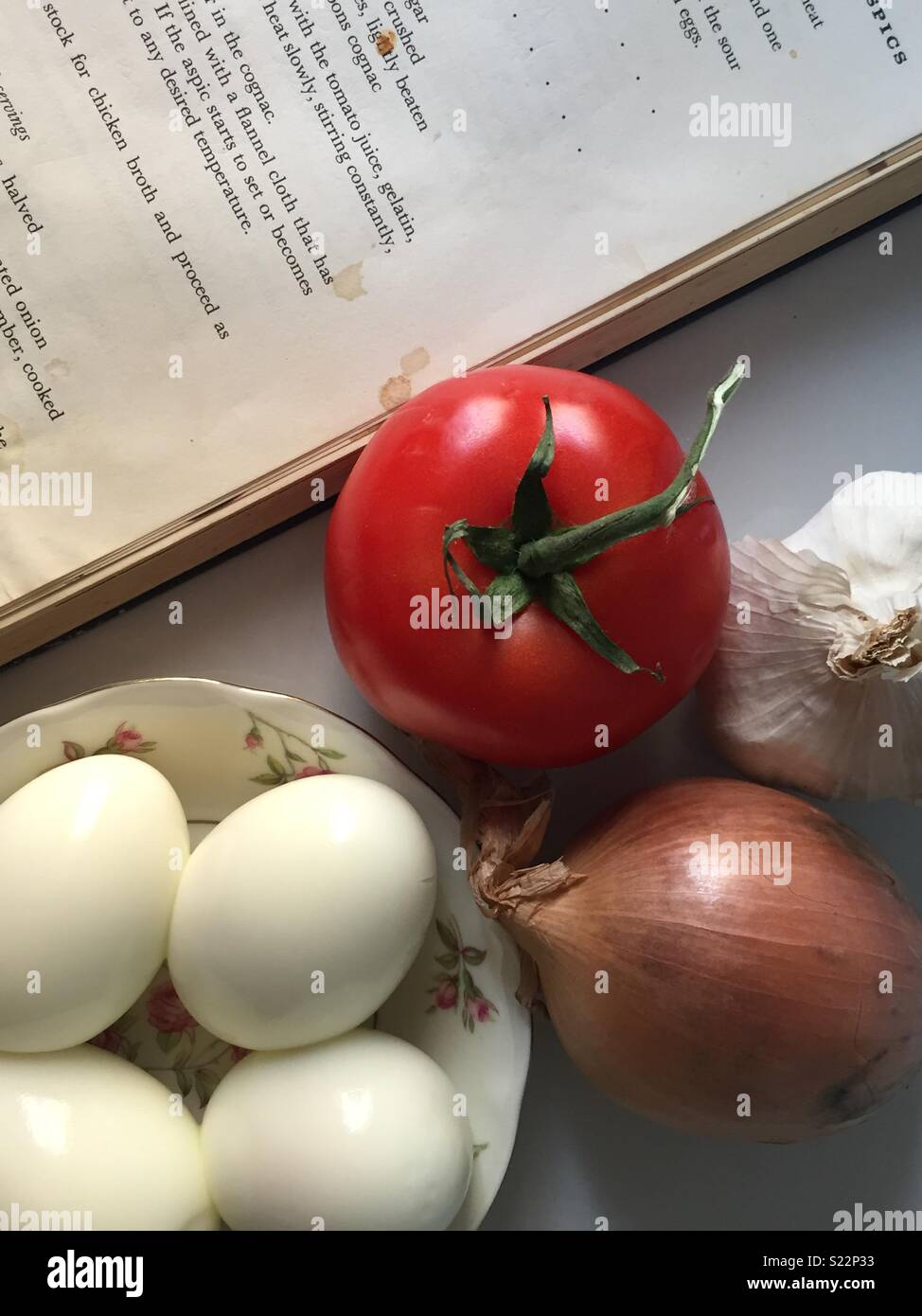 Open cookbook and fresh ingredients on a chefs prep table - Smartphone Captured Stock Image