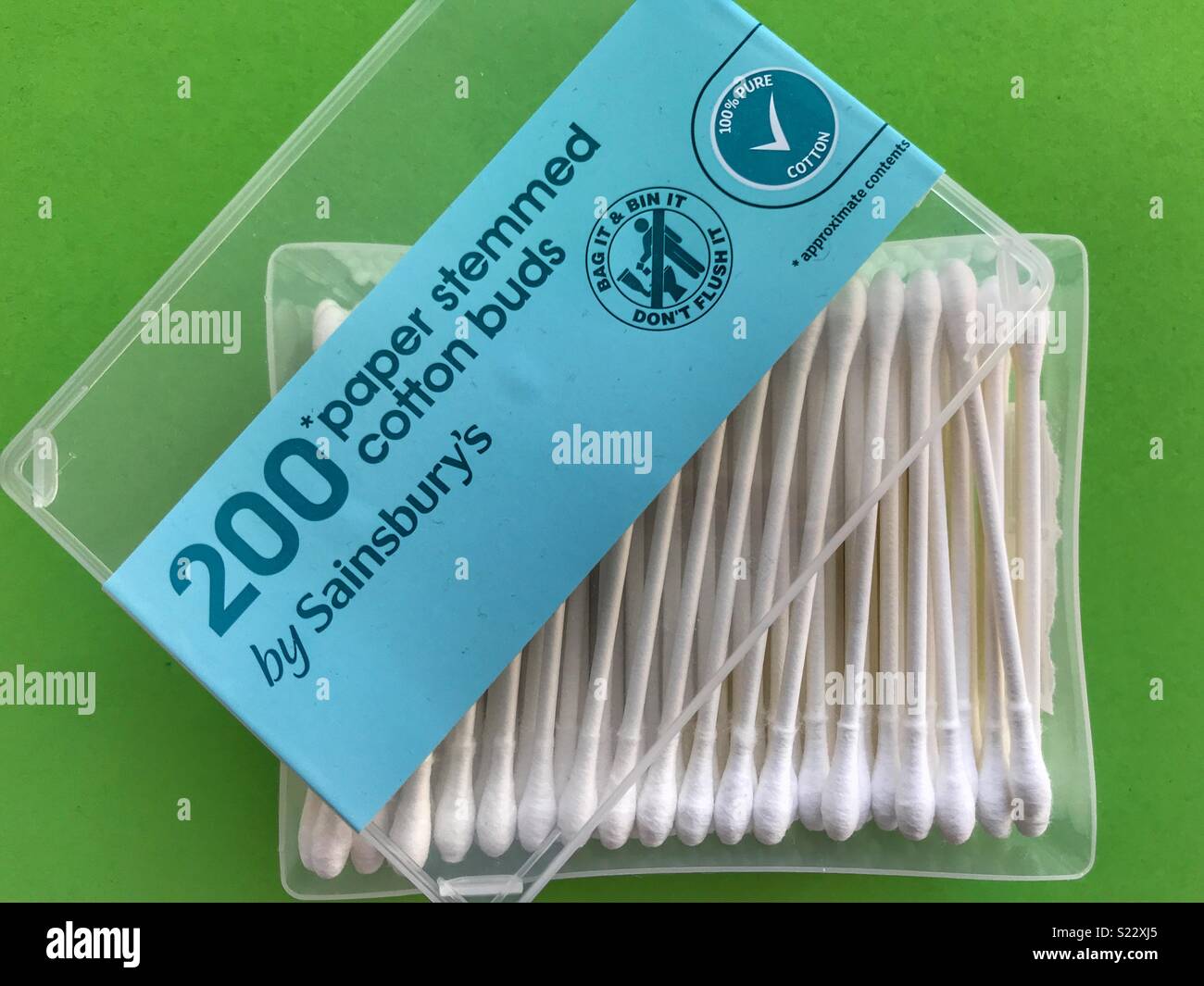 Plastic pollution. Consumers force shift to more biodegradable products. Sainsbury’s biodegradable Paper stemmed cotton buds - sold in a non-biodegradable plastic box. - Smartphone Captured Stock Image
