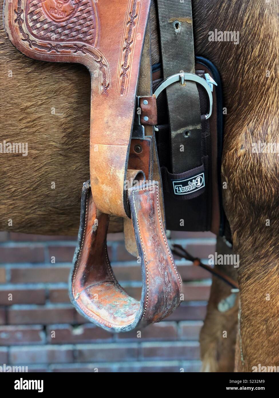 Closeup of a stirrup on a saddle on a horse in Oakland, California. - Smartphone Captured Stock Image