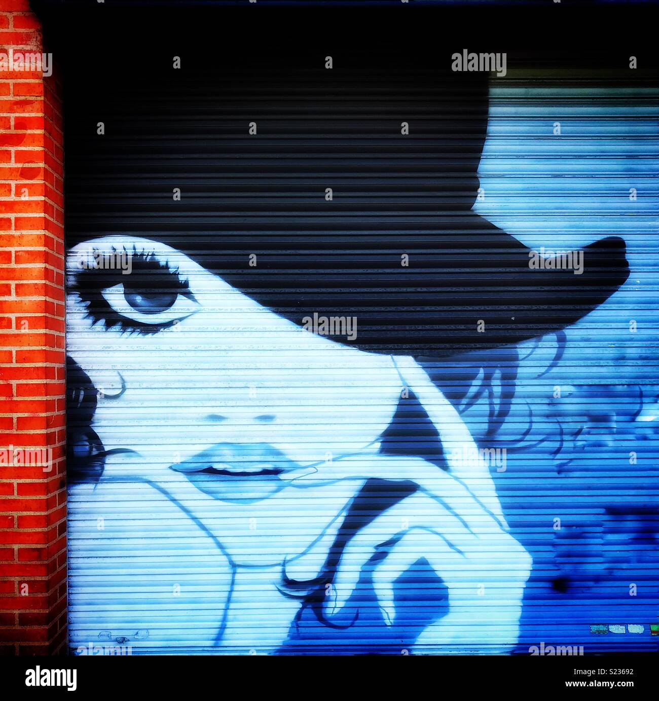 Shutter art, image of a woman on the shutters of a beauty parlour Stock Photo