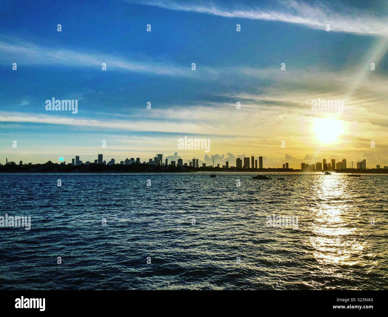 Miami skyline at sunset Stock Photo