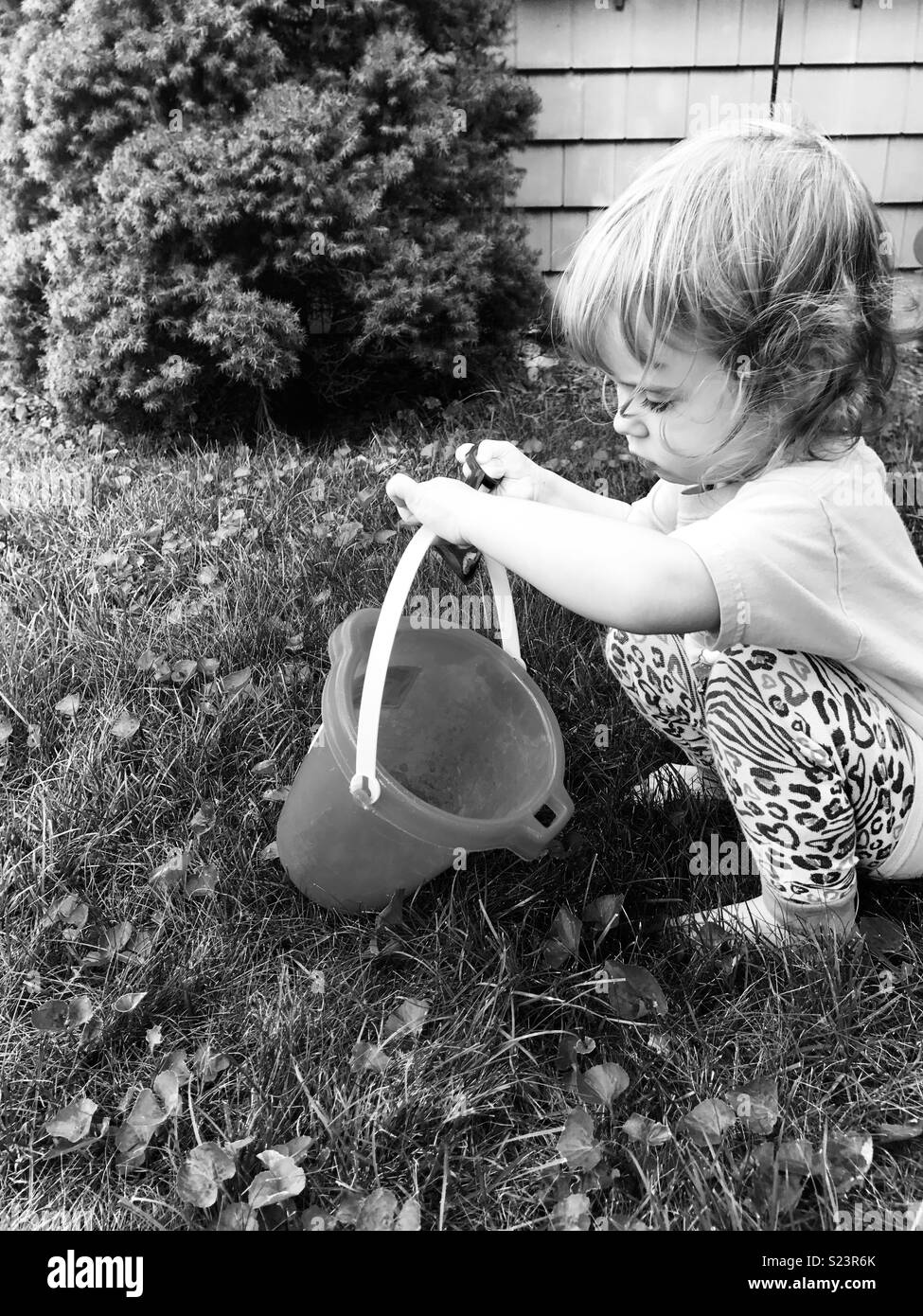 Girl playing with a shovel and pail in her yard Stock Photo
