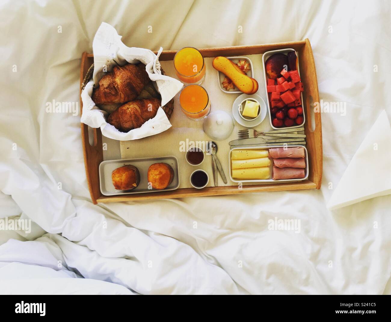 Breakfast in bed in Lisbon, Portugal Stock Photo