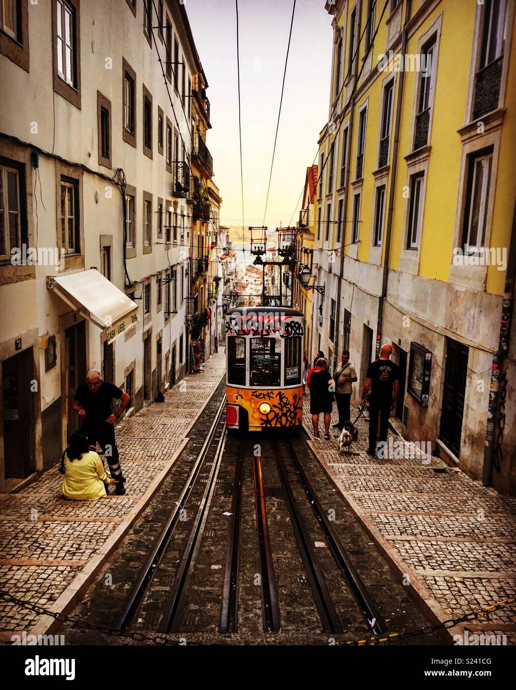 Lisbon tram with graffiti Stock Photo