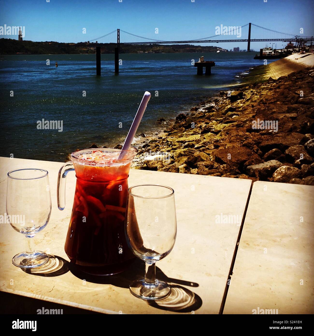 Sangria for two with bridge view in Lisbon, Portugal Stock Photo