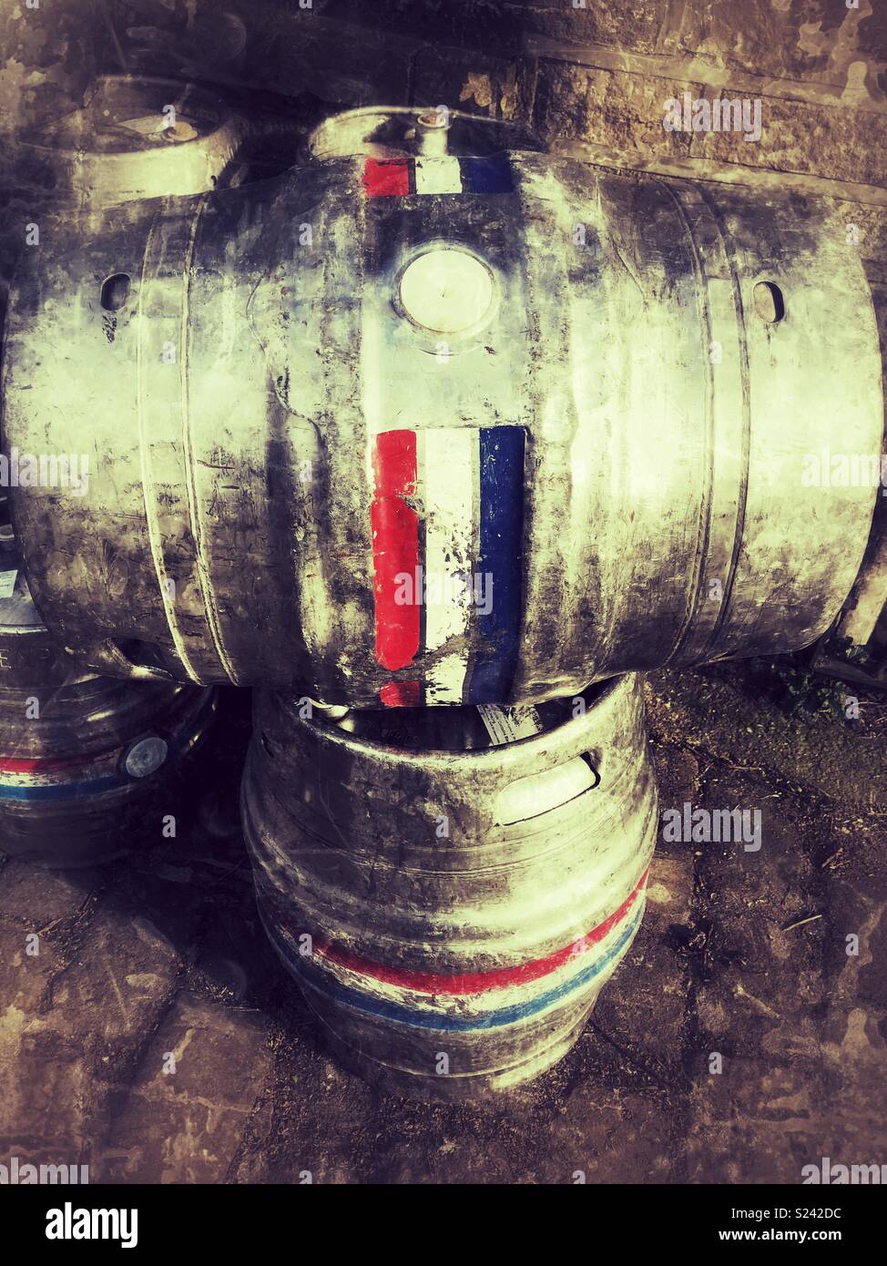 Two beer kegs balancing outside Empire Brewery in Slaithwaite