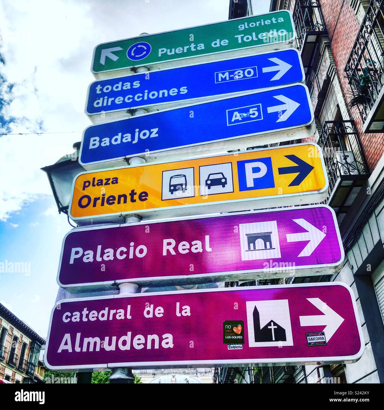 Colourful road signs in Madrid, Spain Stock Photo