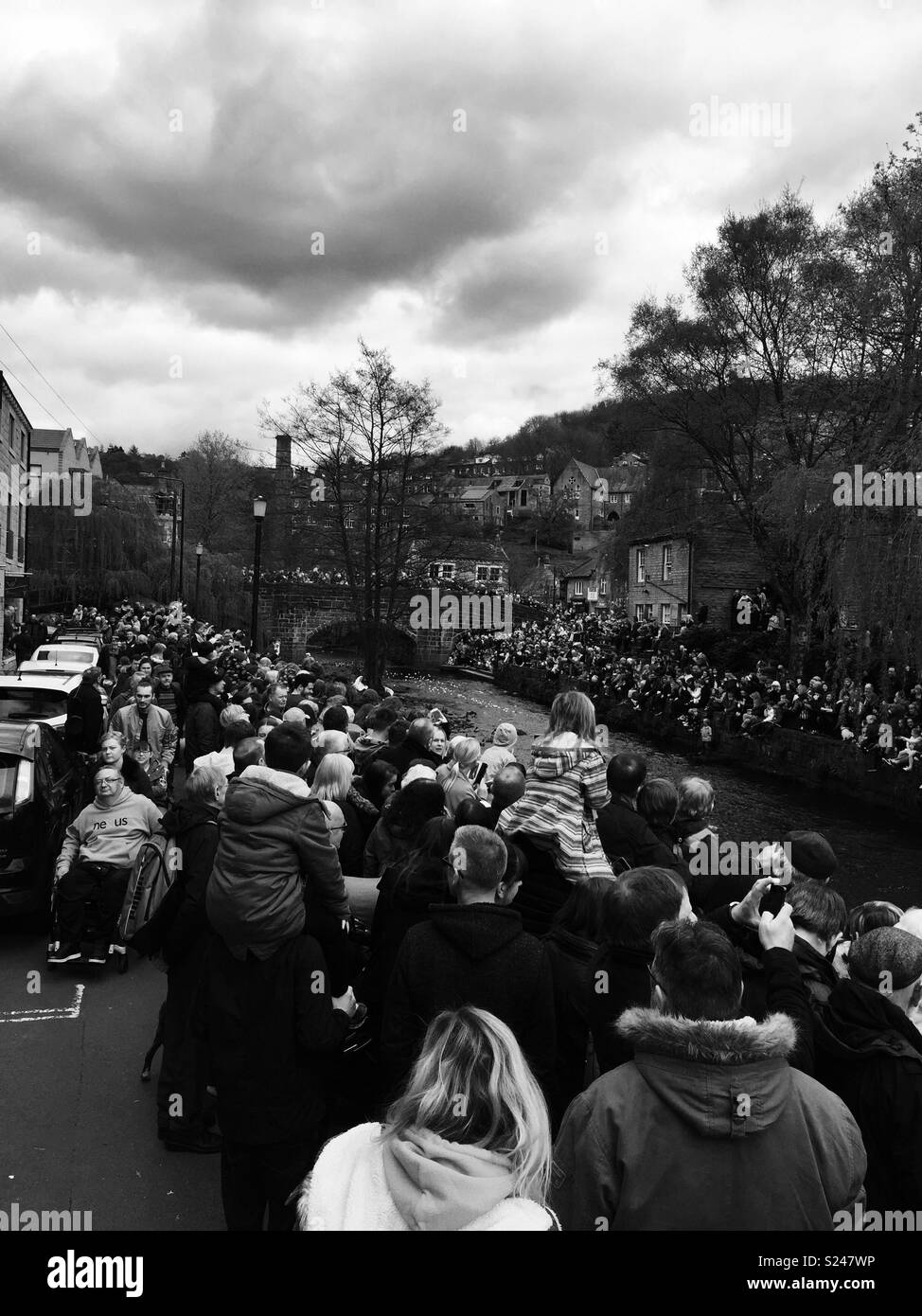 The annual rubber duck race in Hebden Bridge, the streets completely lined with potential winners. Stock Photo