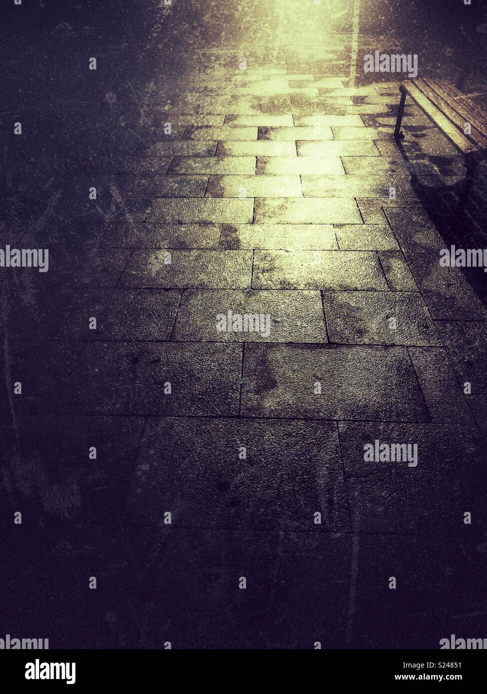 Promenade at night with light reflection after rain - Smartphone Captured Stock Image
