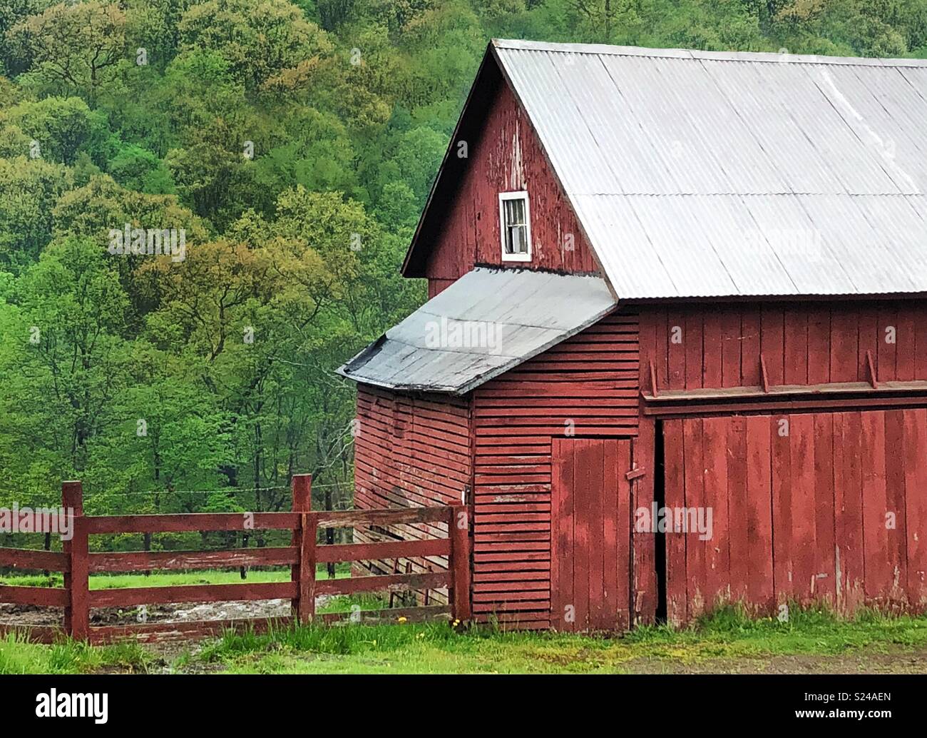 A Red Barn And Red Fence Against A Backdrop Of Green Trees Stock