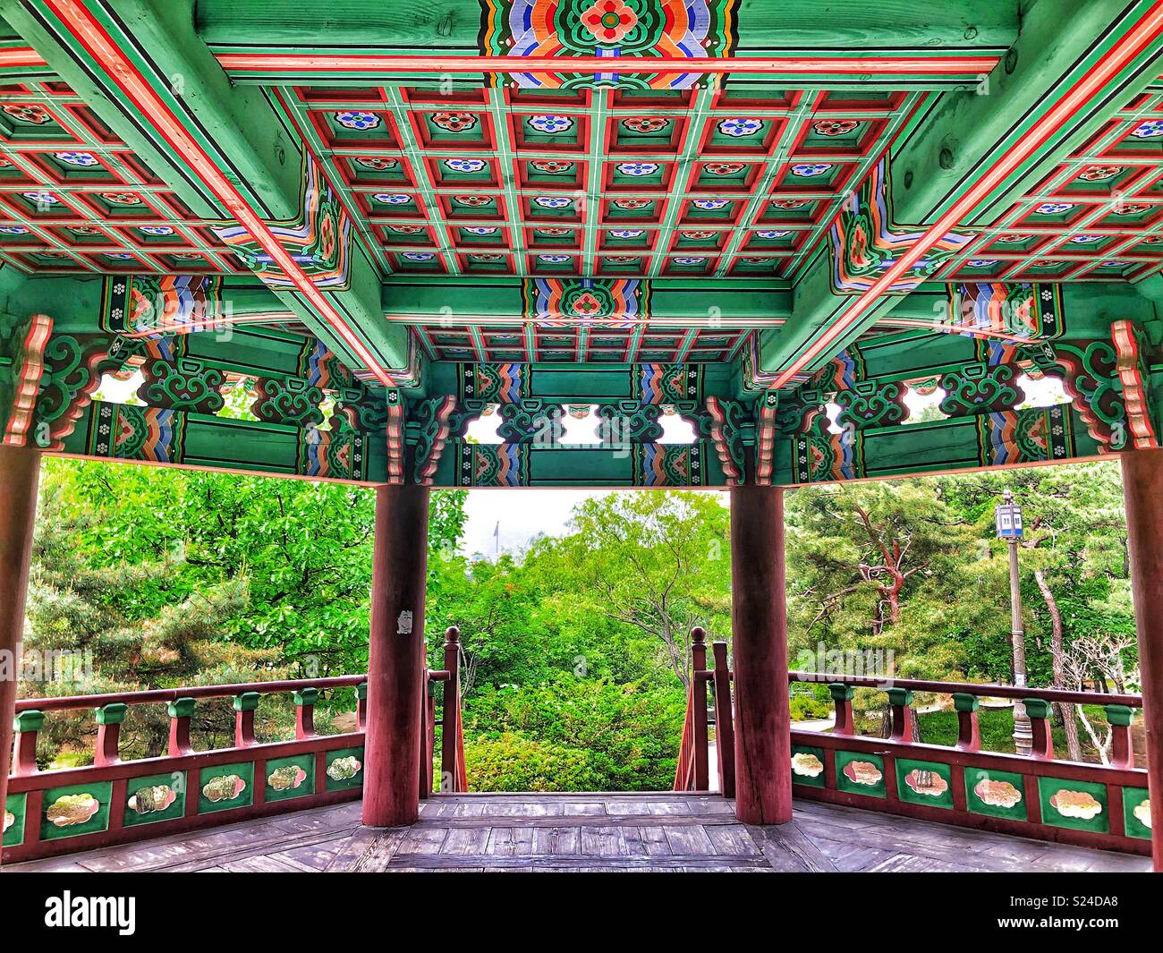 Interior of Antique Korean Pagoda at Youeda Park in the Financual District is Seoul, South Korea - Smartphone Captured Stock Image