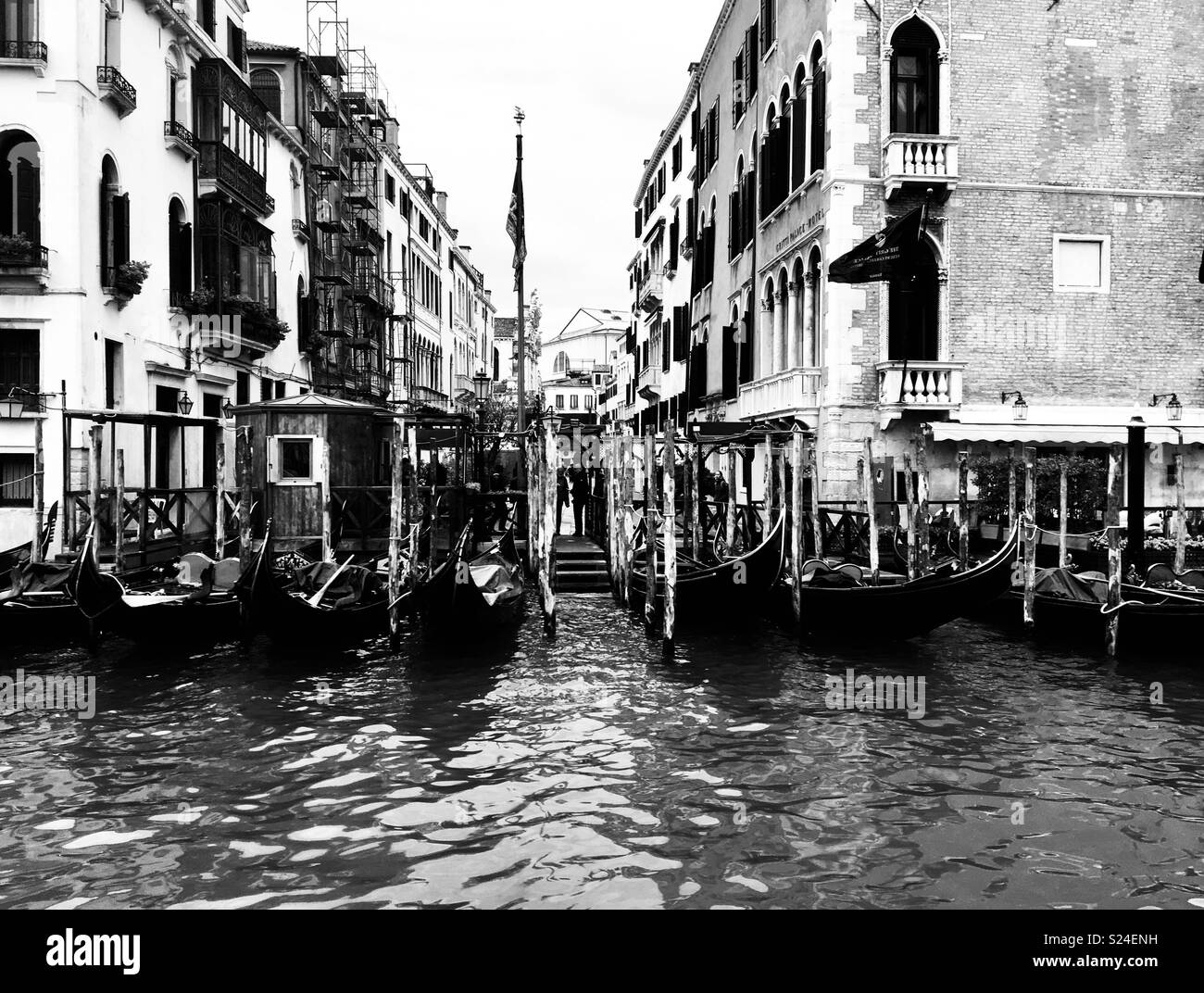 Gondolas moored on the Canal Grande, Venice, Italy Stock Photo