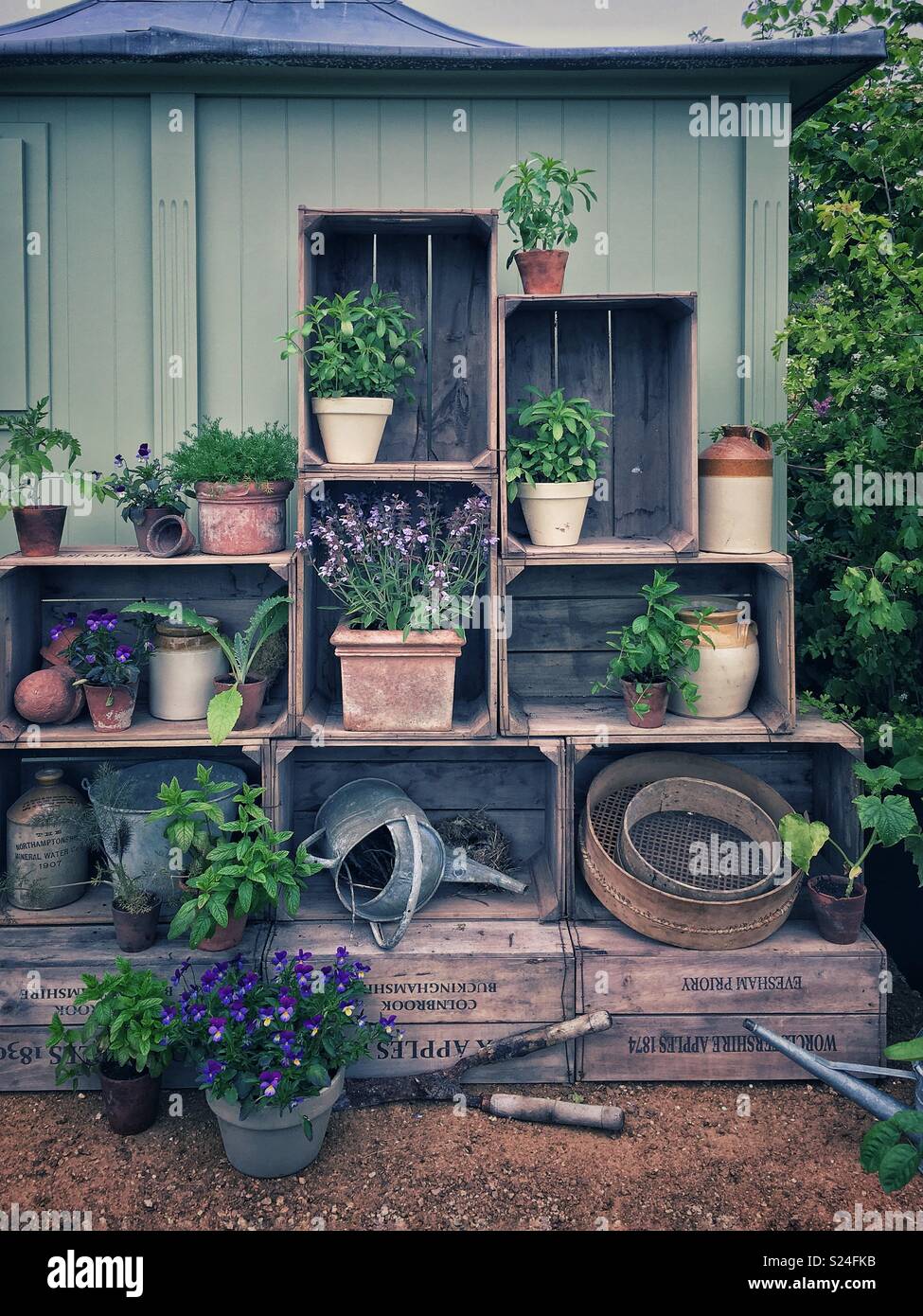 Garden storage shelving Stock Photo