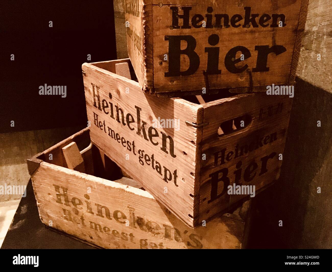 Old wooden boxes of Heineken beer Stock Photo