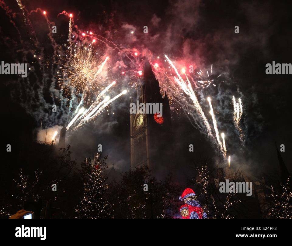 Manchester town hall fireworks Stock Photo Alamy