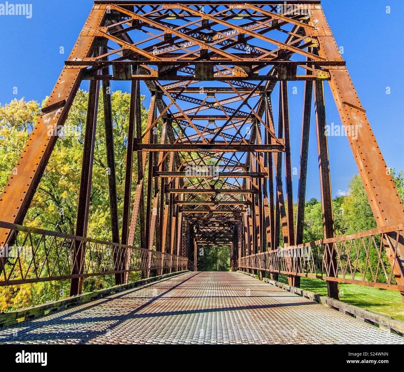 Old steel frame bridge over the Seneca River in western New York, USA ...