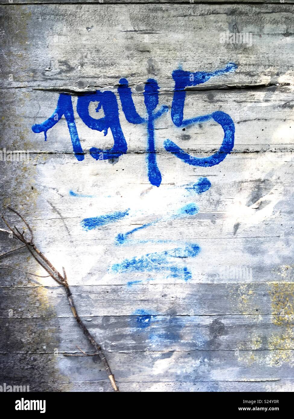 1945 graffiti on a wall of a bunker testing site of the Nazis in a forest near Mirow, Mecklenburg-Vorpommern, Germany - Smartphone Captured Stock Image
