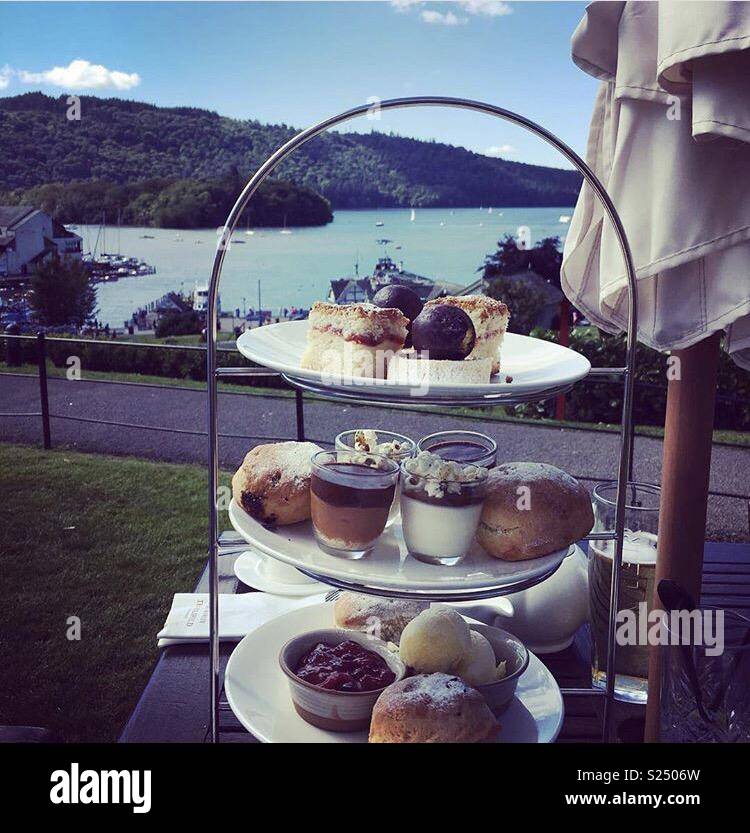 Afternoon tea, view of lake Windermere, England Stock Photo Alamy