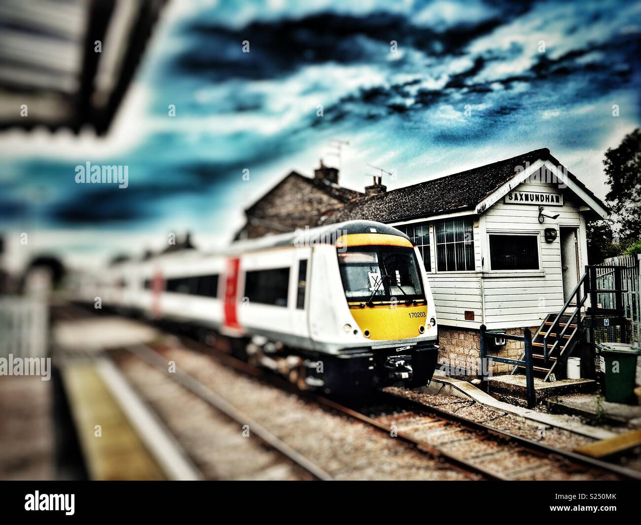 Wooden signal box on the 49-mile East Suffolk branch line, Saxmundham, Suffolk, England. - Smartphone Captured Stock Image