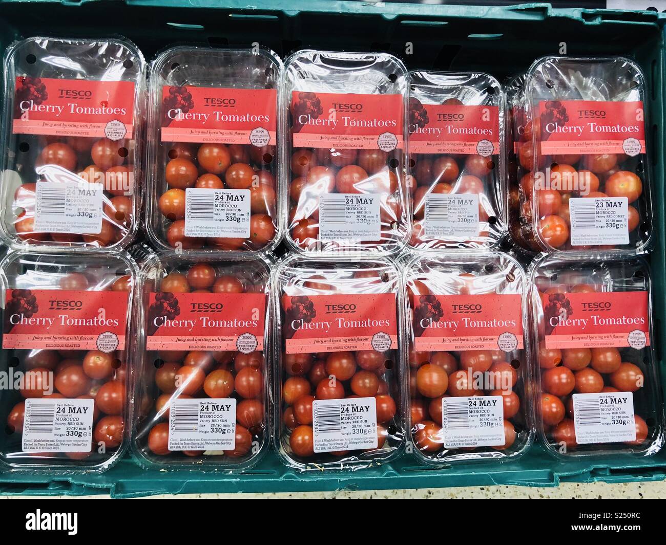 Tesco cherry tomatoes, currently with a best before date which will soon be removed Stock Photo