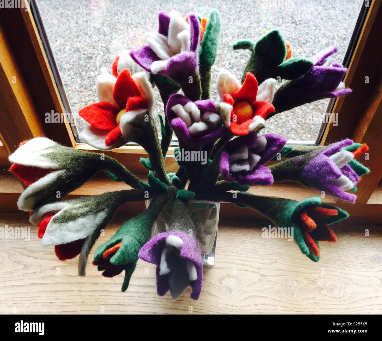 Felt flowers on windowsill - Smartphone Captured Stock Image