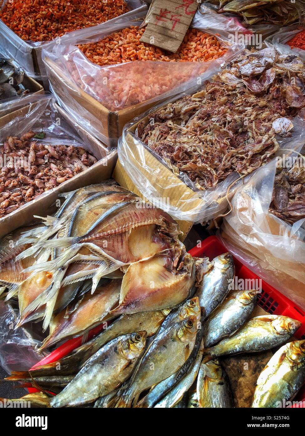 Dried fish and seafood for sale in a food market, Yuen Long, New