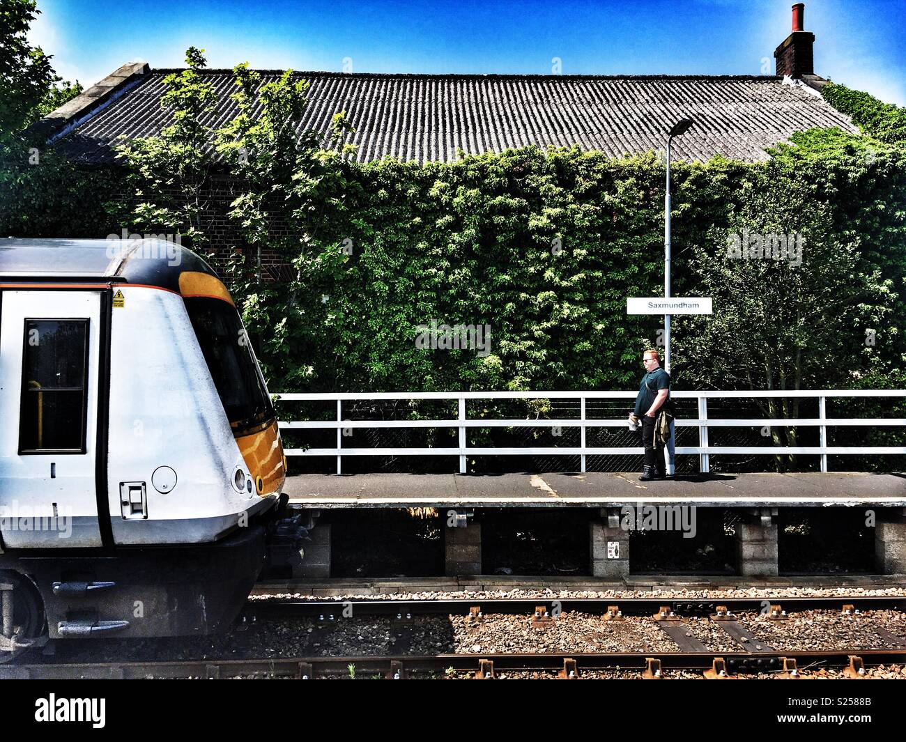 Saxmundham railway station on the 49-mile East Suffolk branch line from Ipswich to Lowestoft, Suffolk, UK. - Smartphone Captured Stock Image