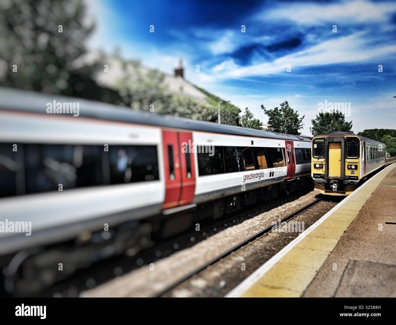Greater Anglia passenger trains, Saxmunham, Suffolk, UK. - Smartphone Captured Stock Image