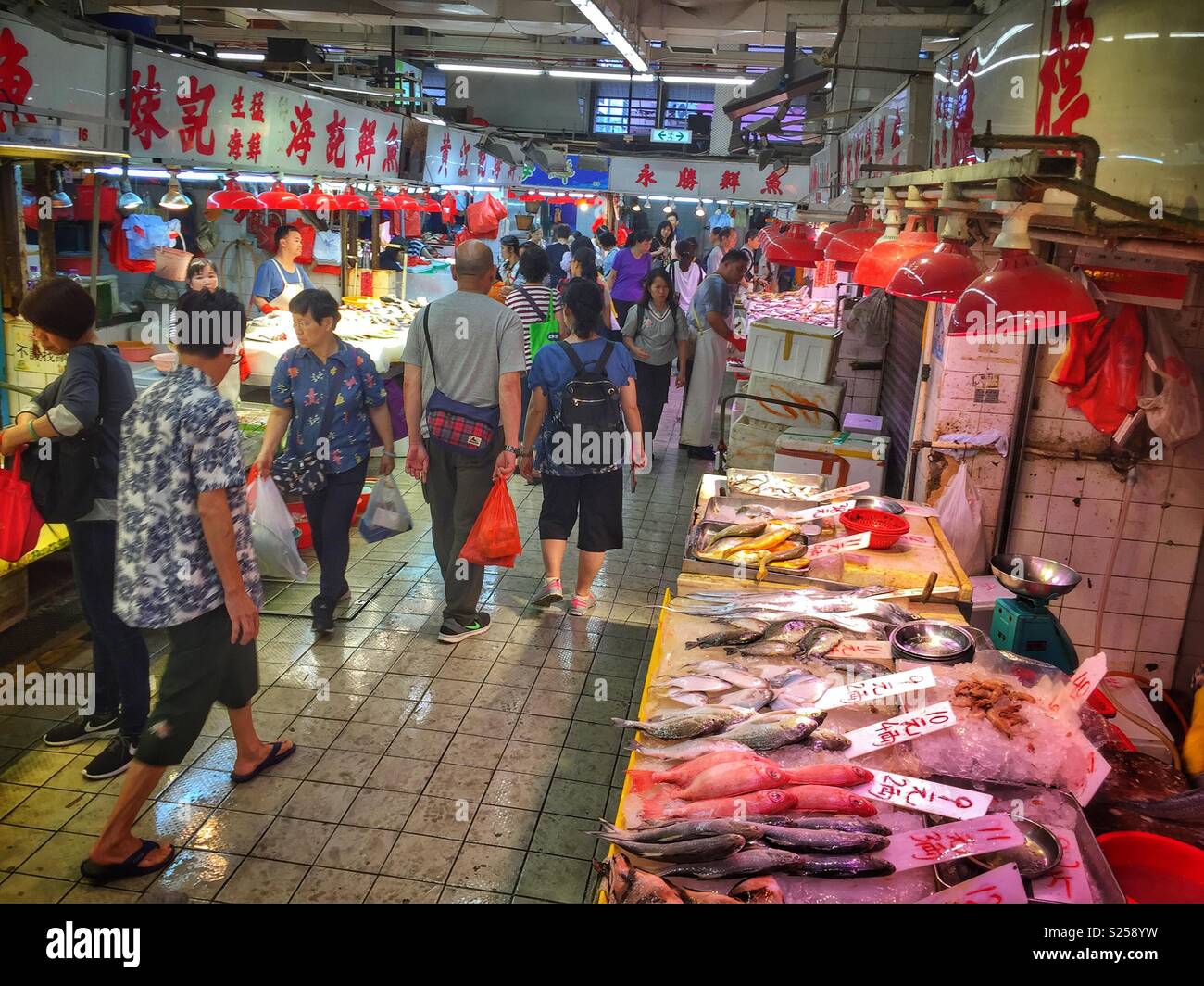 Fish shops in a 'wet market', Yuen Long, New Territories, Hong Kong - Smartphone Captured Stock Image