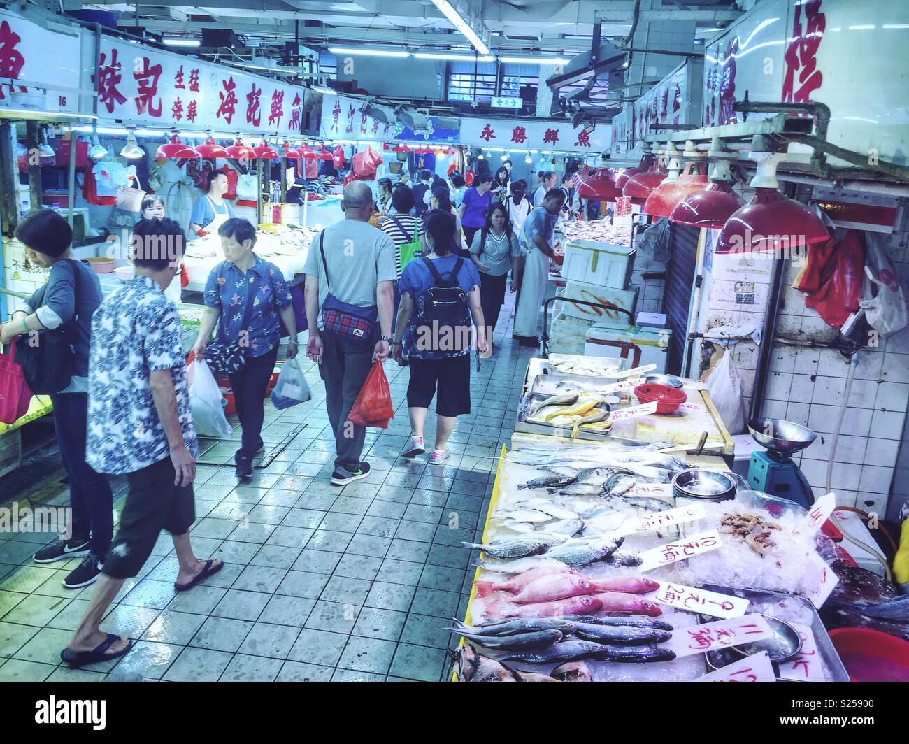 Fish shops in a 'wet market', Yuen Long, New Territories, Hong Kong - Smartphone Captured Stock Image