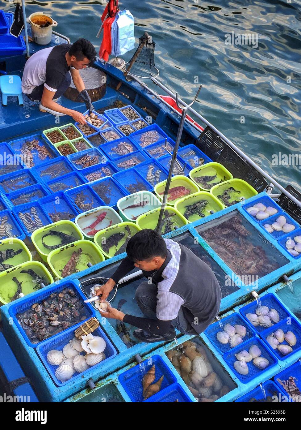 Fishermen sell locally caught fish and seafood at Sai Kung waterfront, New Territories, Hong Kong - Smartphone Captured Stock Image