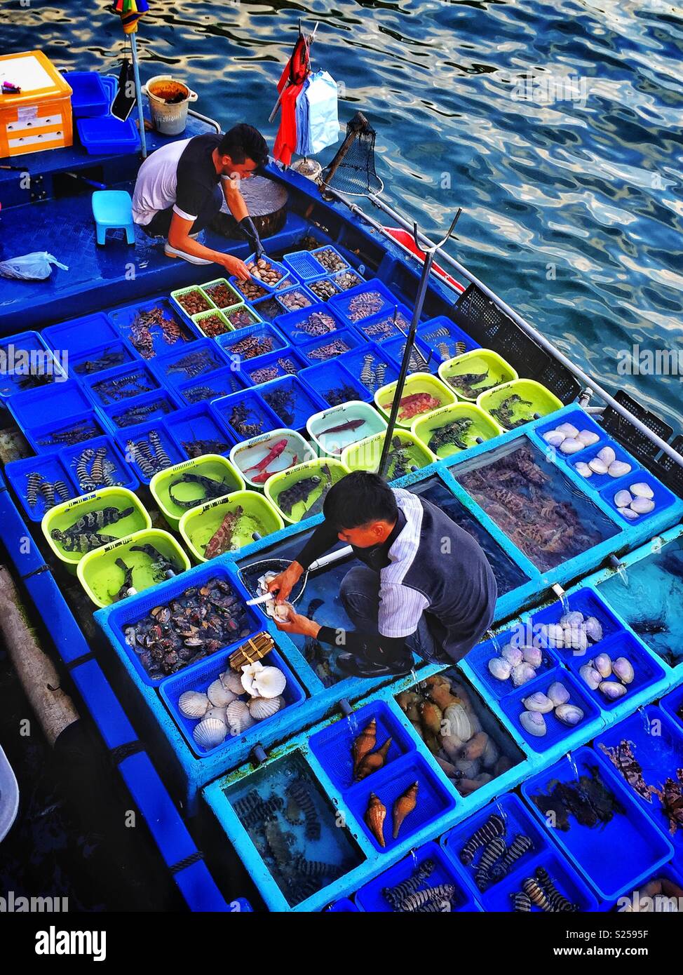 Fishermen sell locally caught fish and seafood at Sai Kung waterfront, New Territories, Hong Kong - Smartphone Captured Stock Image