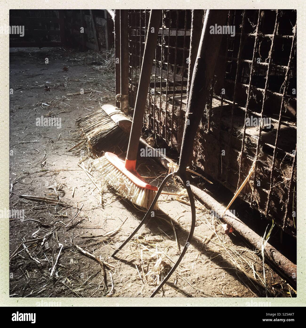 Brushes and hay fork on a farm in the UK - Smartphone Captured Stock Image