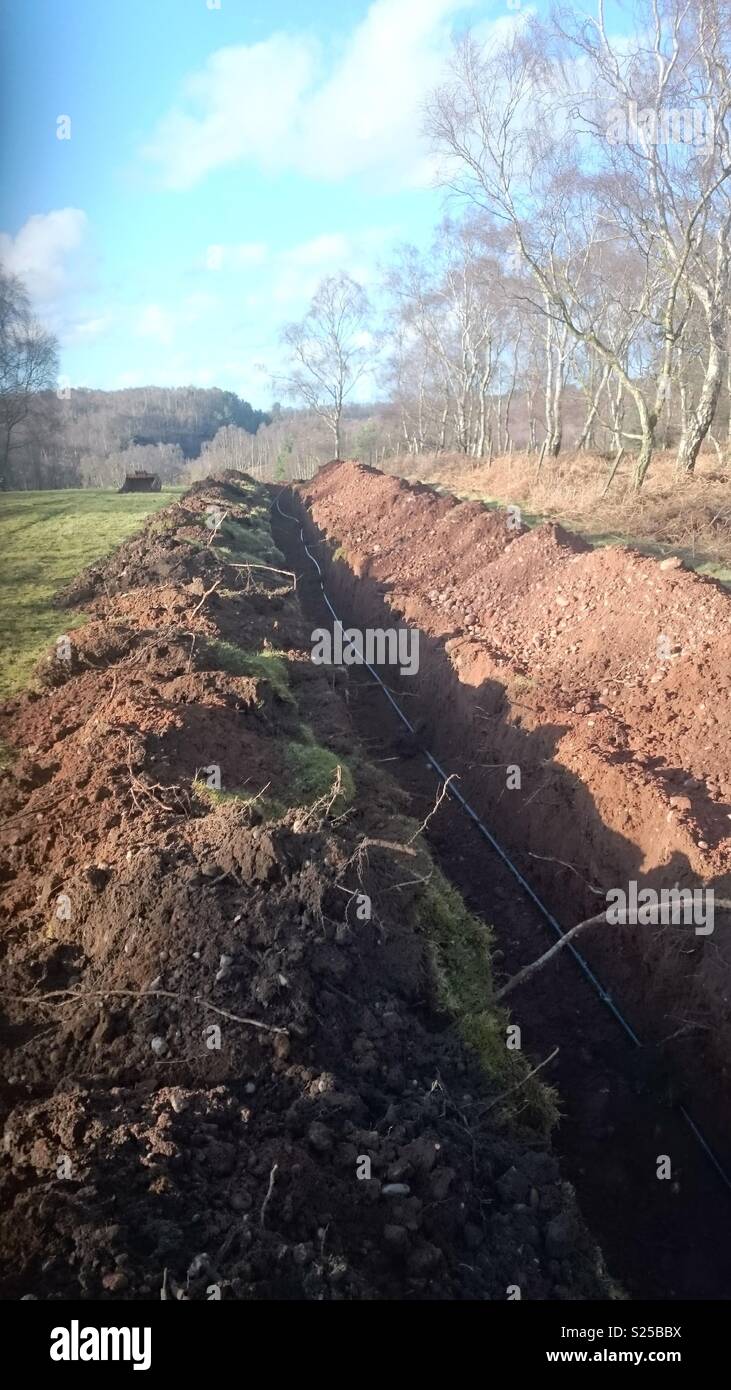 Trench dug for Ground Source Heat Pump installation with ground loop Stock Photo