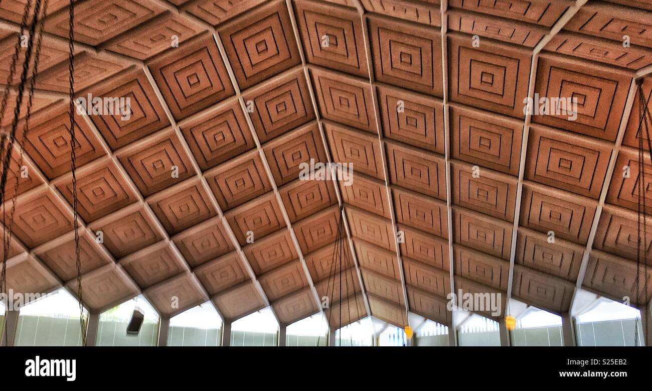 Architectural detail of the ceiling of the State Senate chamber inside the North Carolina Legislative Building. The geometric, modernist architecture was designed by Edward Durell Stone. Stock Photo