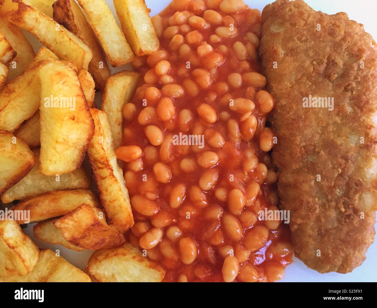 Chips, beans and fish Stock Photo Alamy