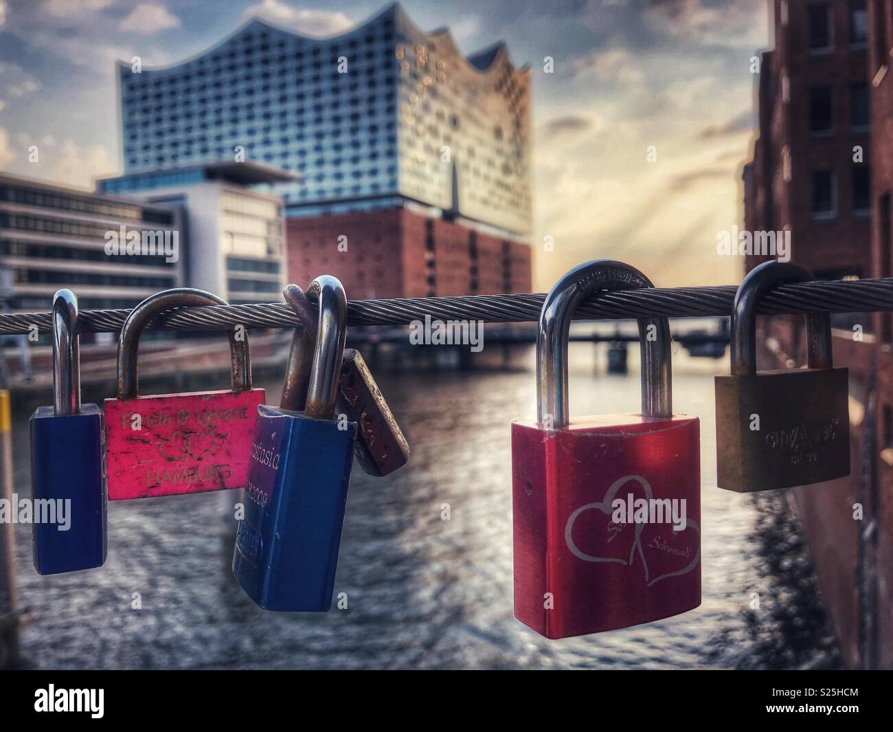 Modern architecture and love locks in Hamburg, Germany. - Smartphone Captured Stock Image